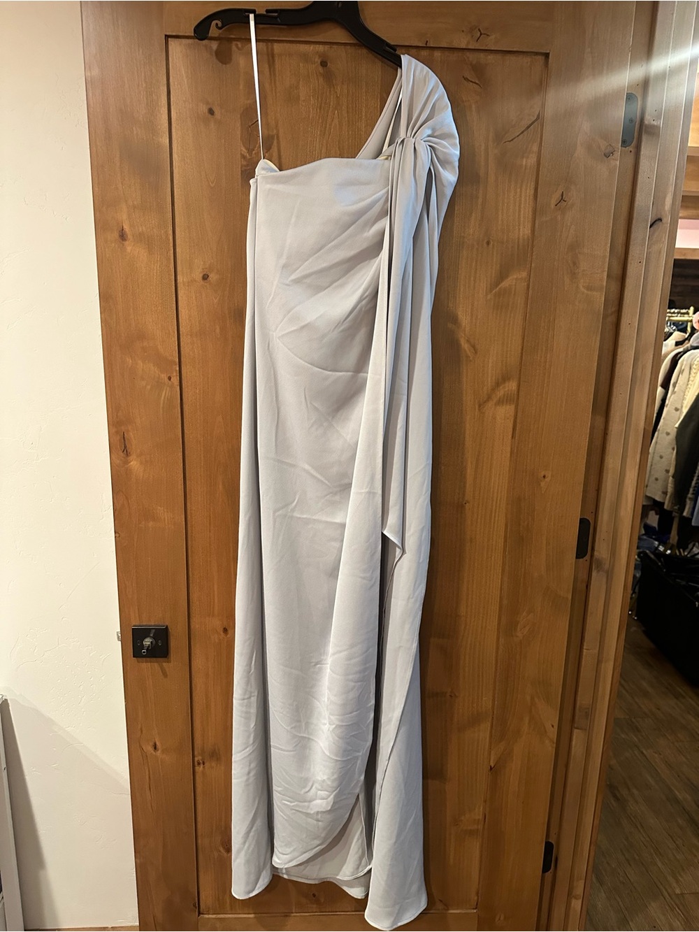 Halston Heritage One-Shoulder Draped Gown in Light Gray